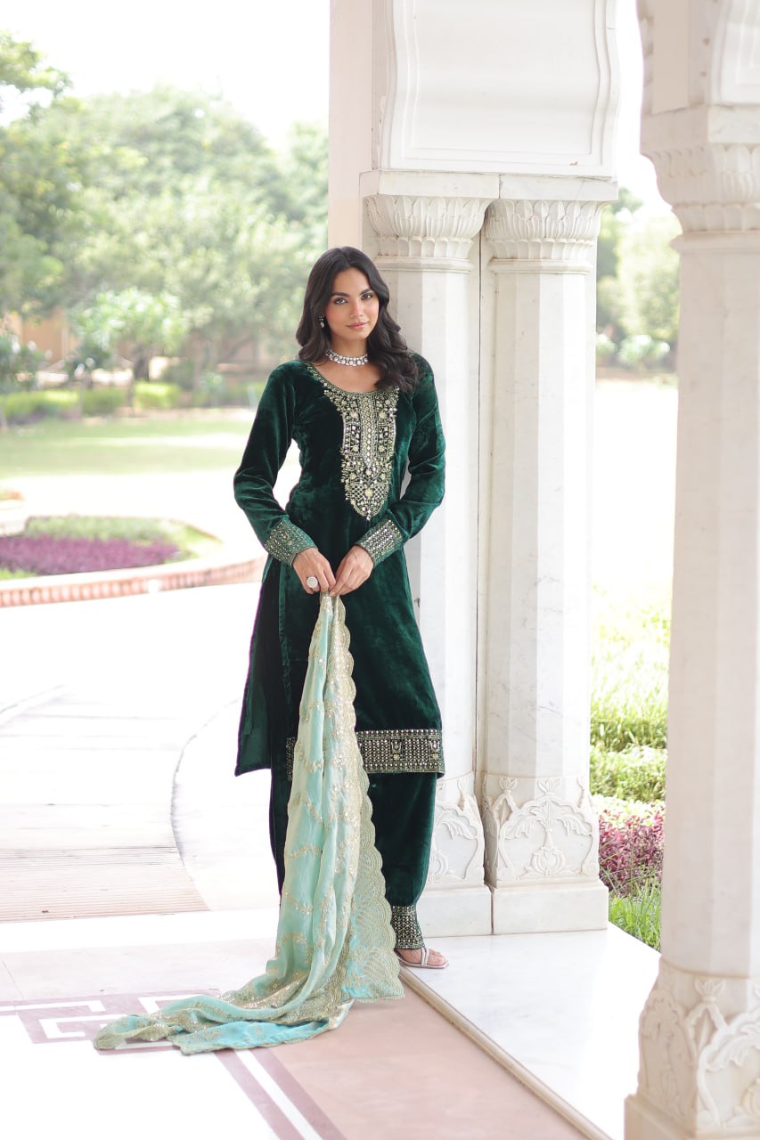 Green Embroidered Velvet Straight Suit With Dupatta