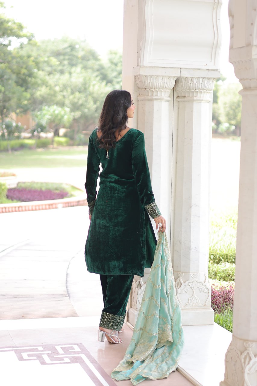 Green Embroidered Velvet Straight Suit With Dupatta
