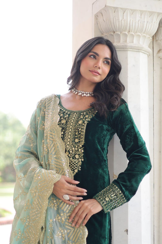 Green Embroidered Velvet Straight Suit With Dupatta