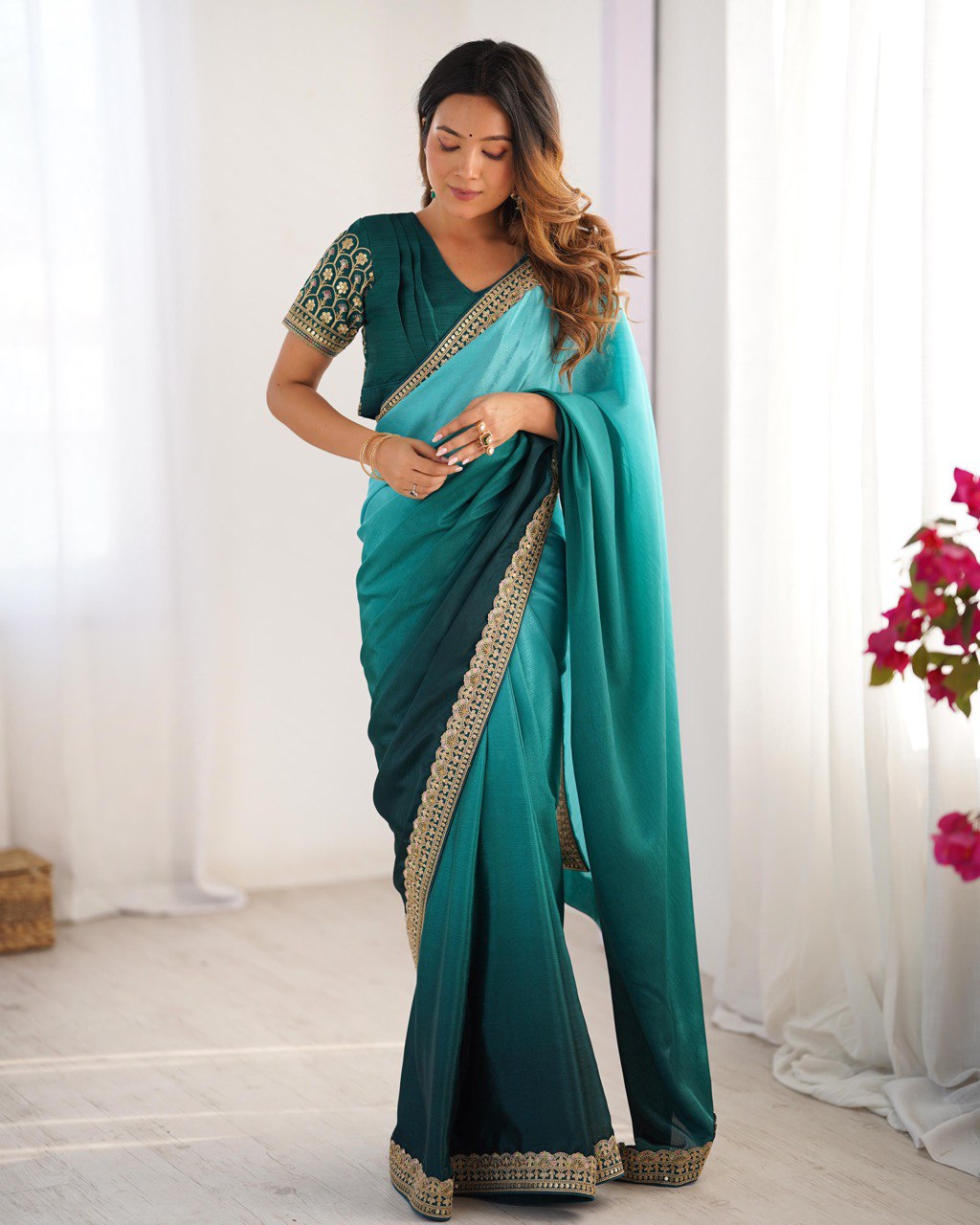 Lace Work Chinon Rama Saree