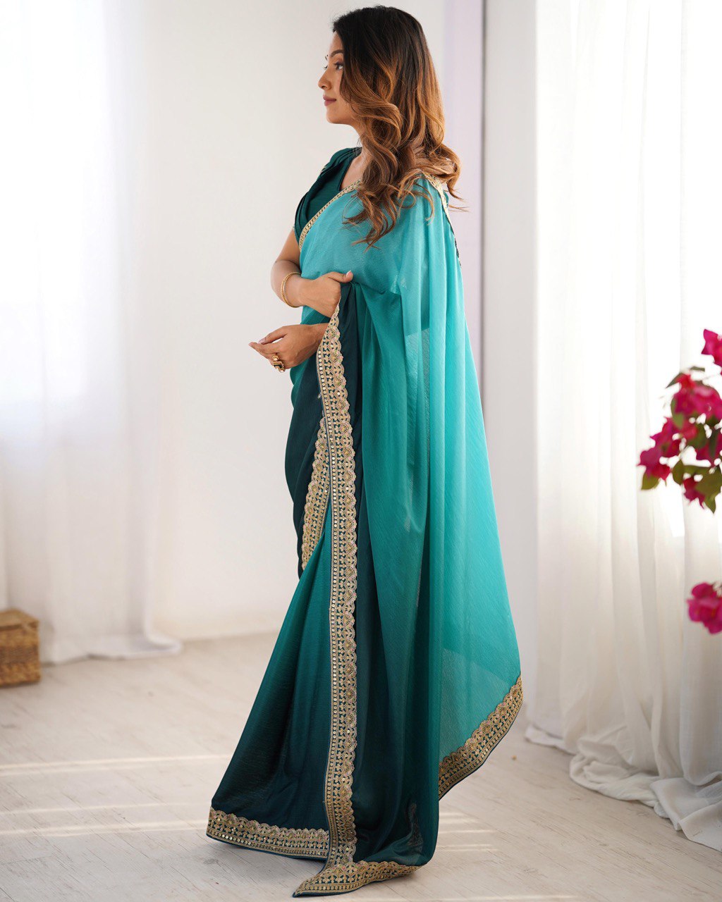 Lace Work Chinon Rama Saree