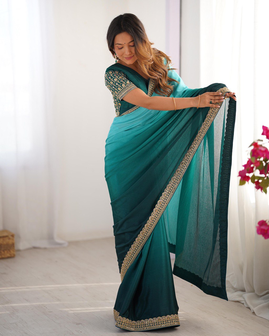 Lace Work Chinon Rama Saree