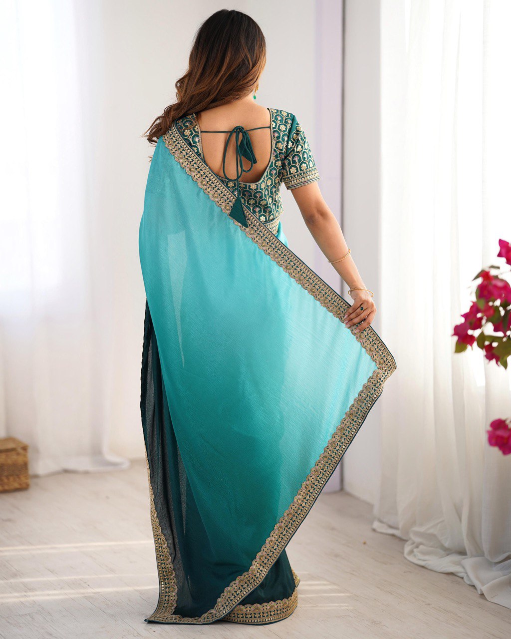 Lace Work Chinon Rama Saree