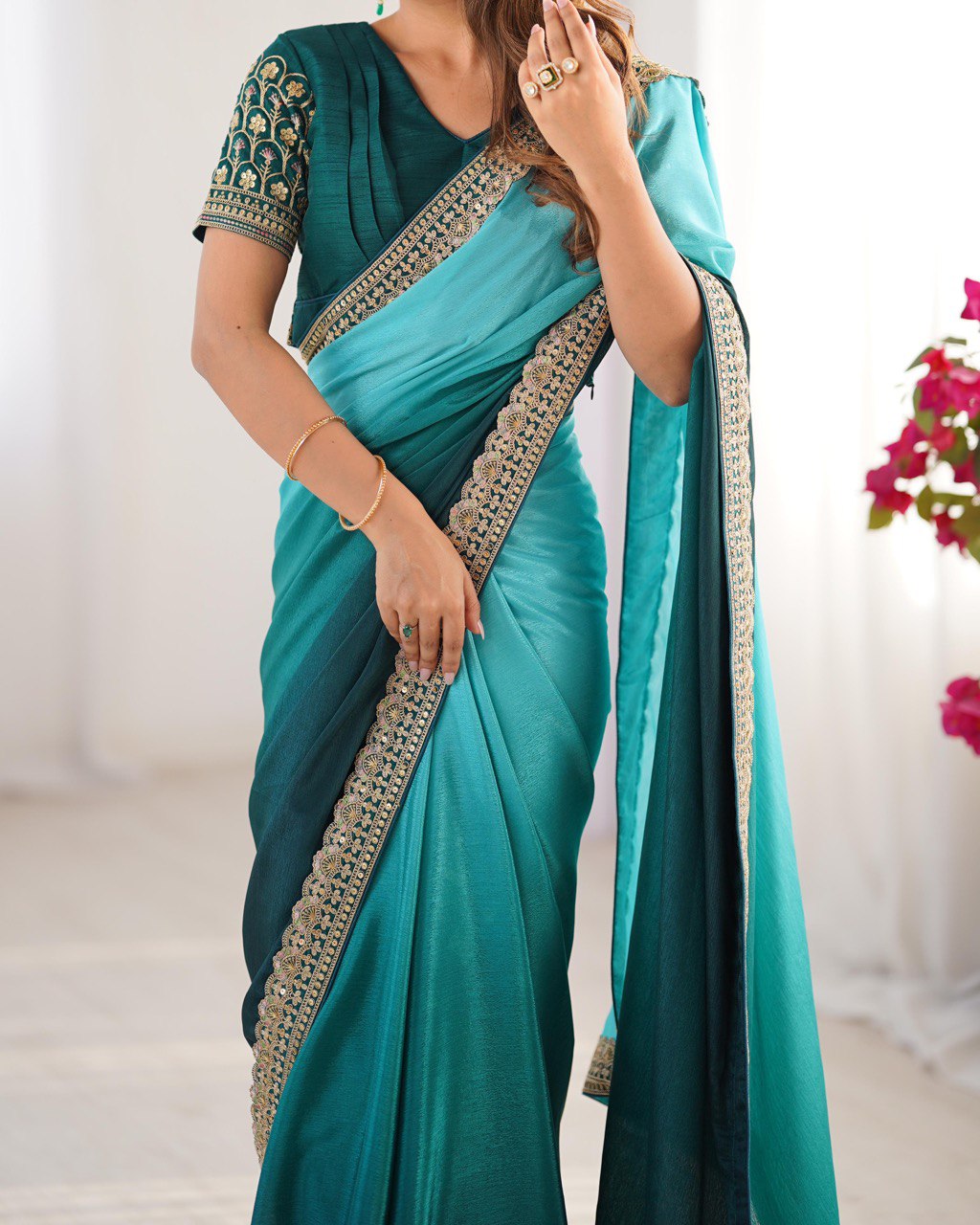 Lace Work Chinon Rama Saree