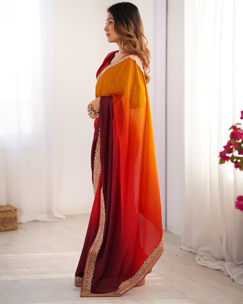 Lace Work Chinon Orange Saree
