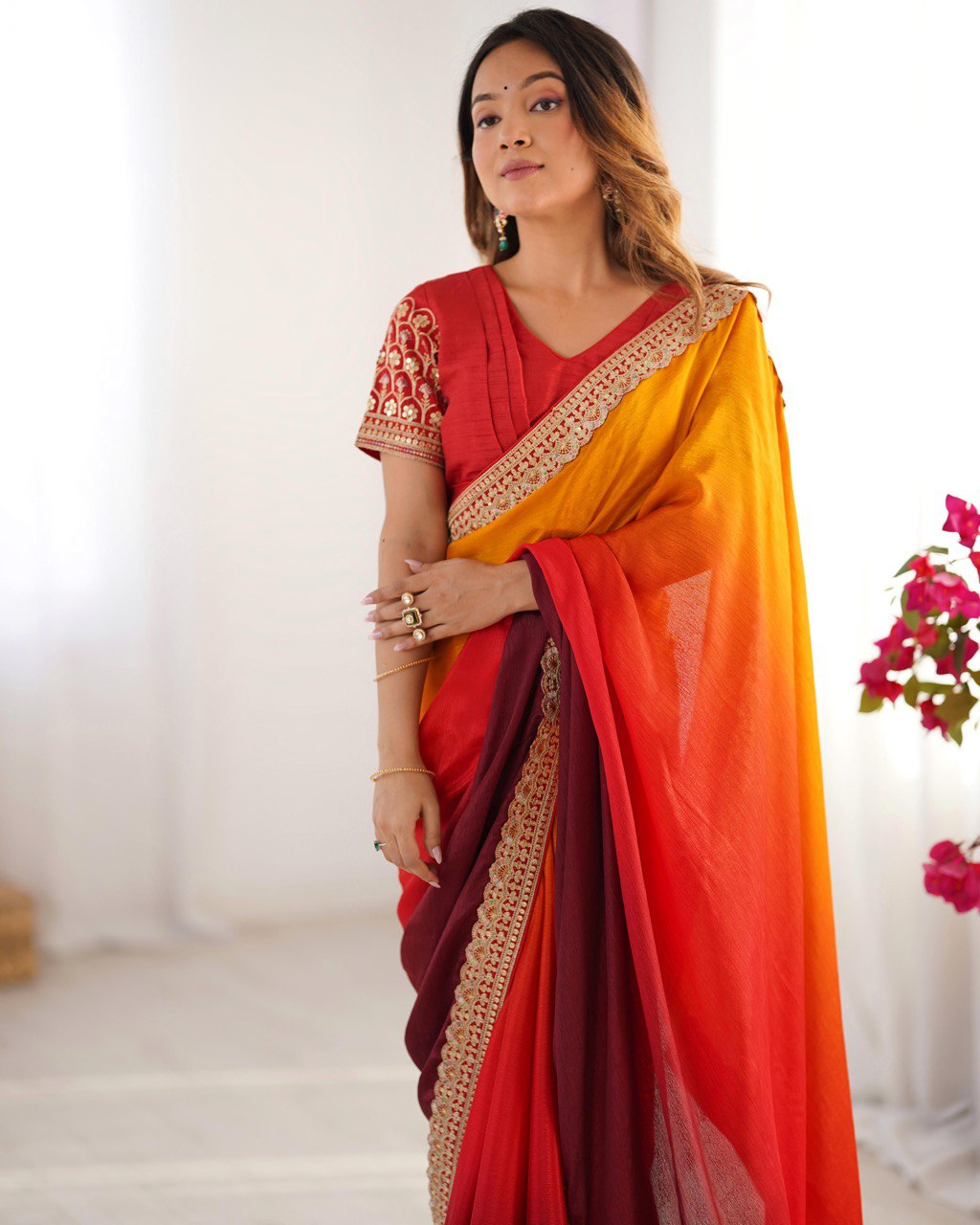 Lace Work Chinon Orange Saree