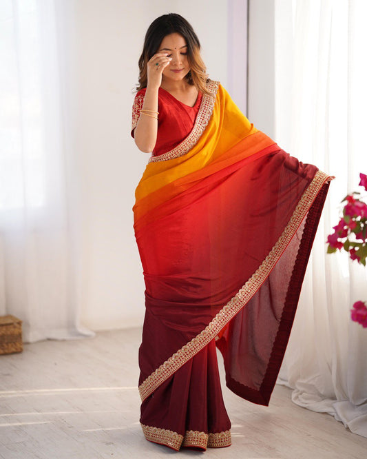 Lace Work Chinon Orange Saree