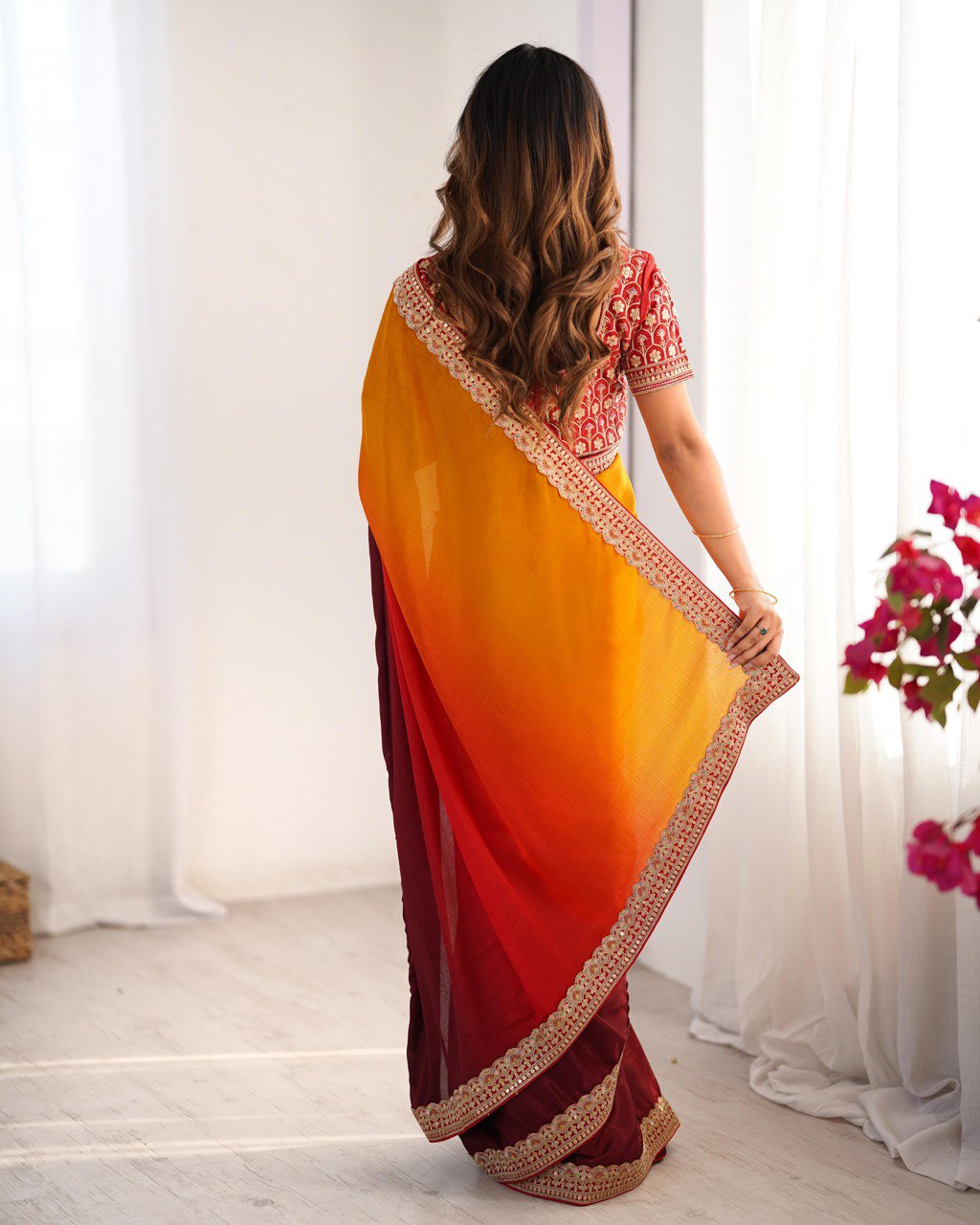 Lace Work Chinon Orange Saree