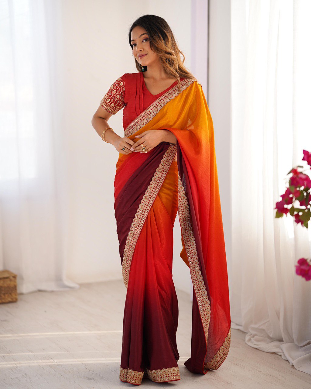Lace Work Chinon Orange Saree
