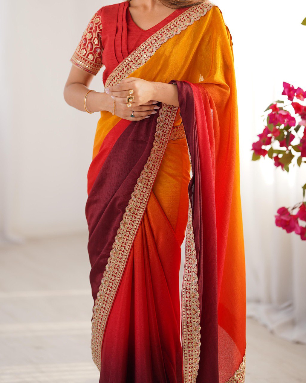 Lace Work Chinon Orange Saree