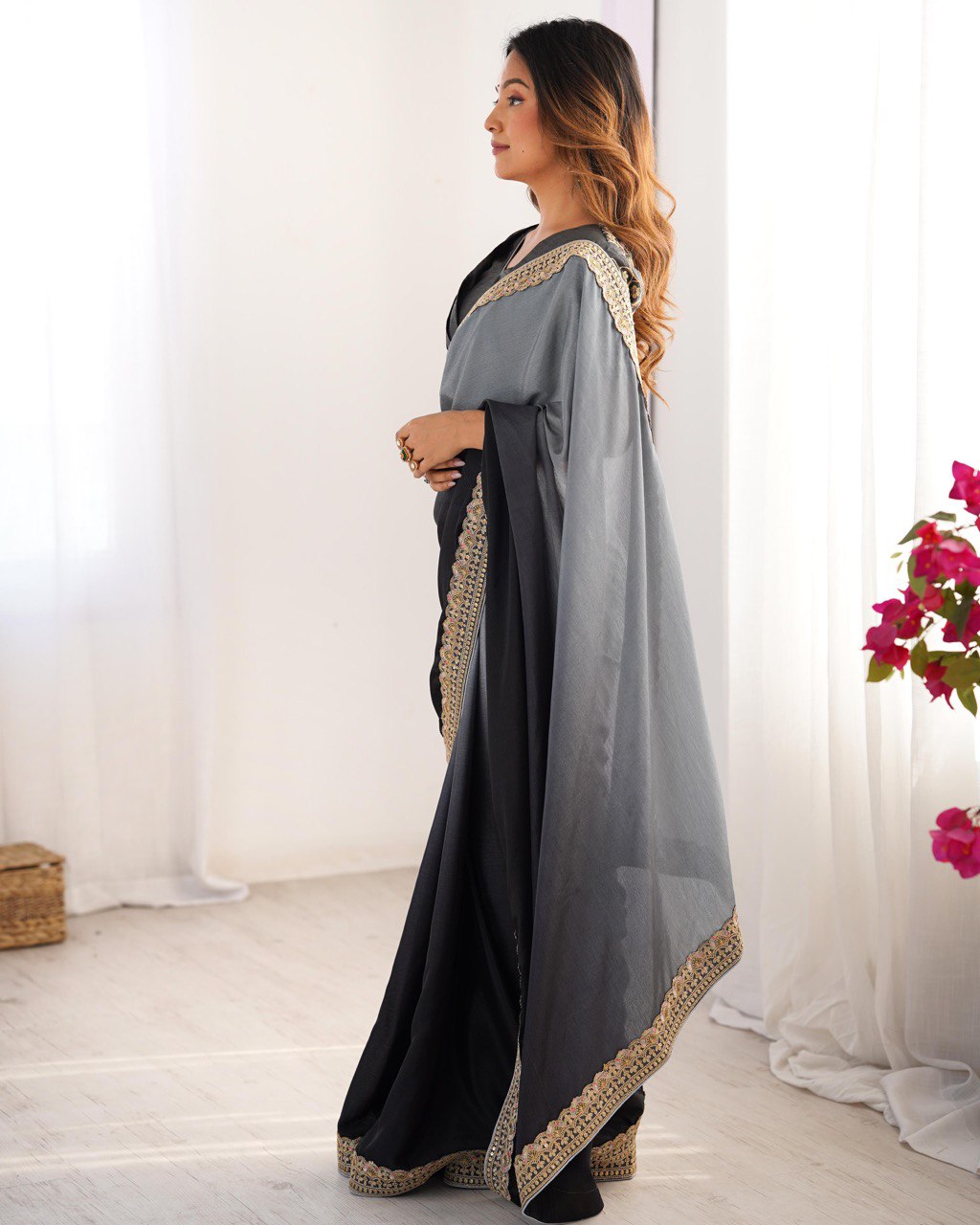 Lace Work Chinon Black Saree