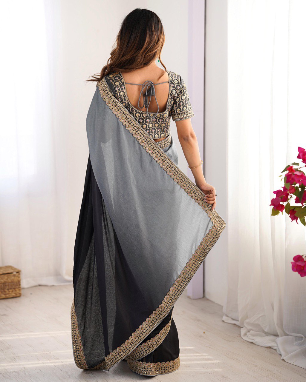 Lace Work Chinon Black Saree