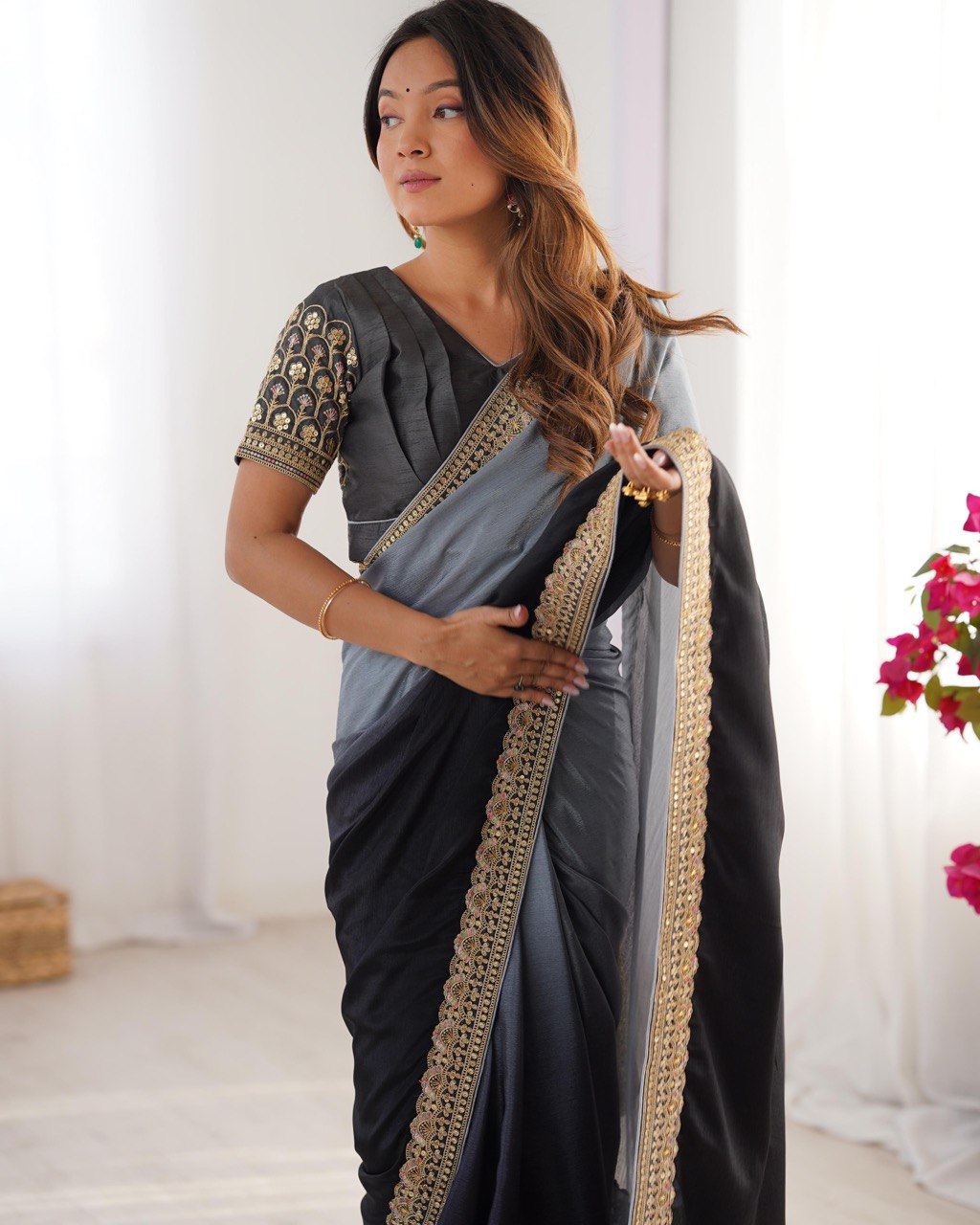 Lace Work Chinon Black Saree