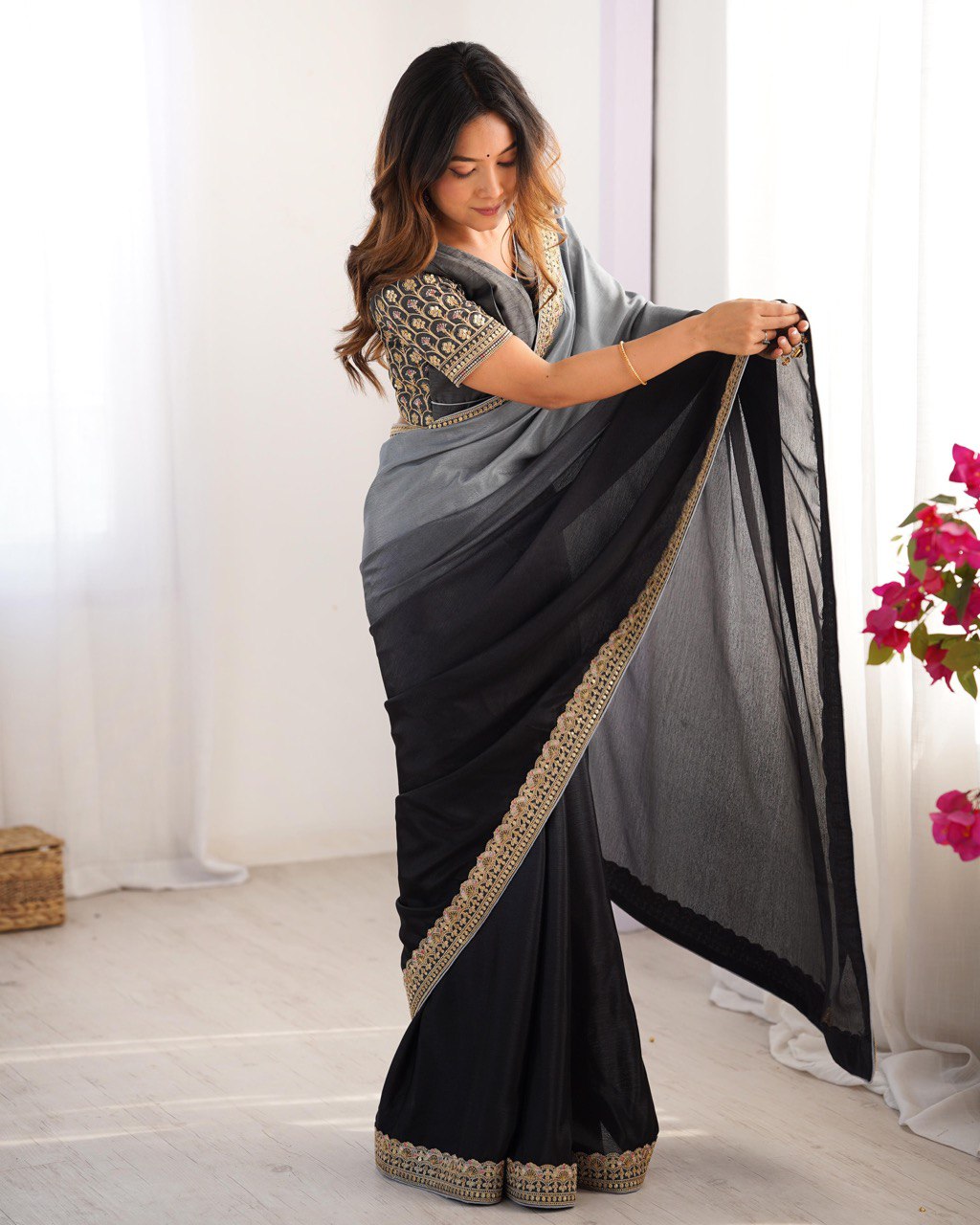 Lace Work Chinon Black Saree