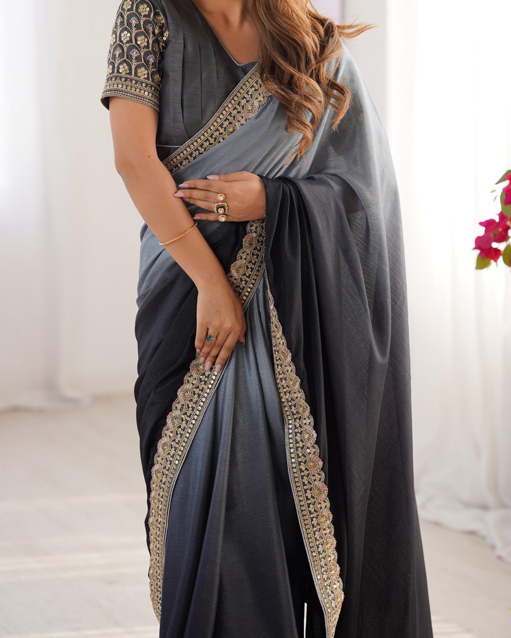 Lace Work Chinon Black Saree