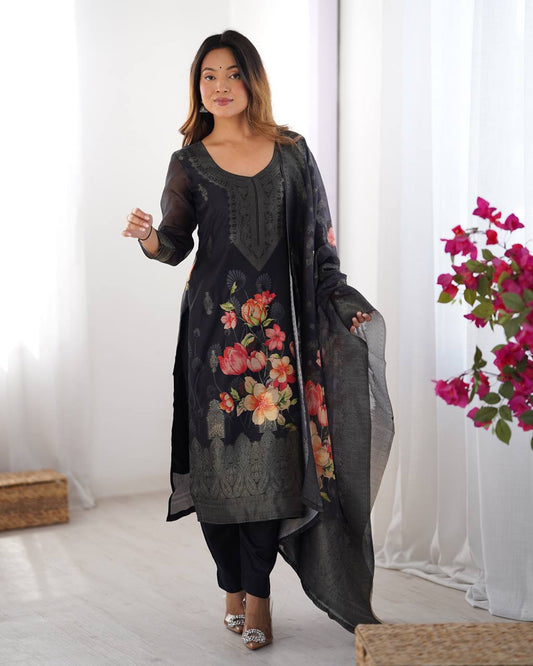 Black Chanderi Silk Kurta Set For Women