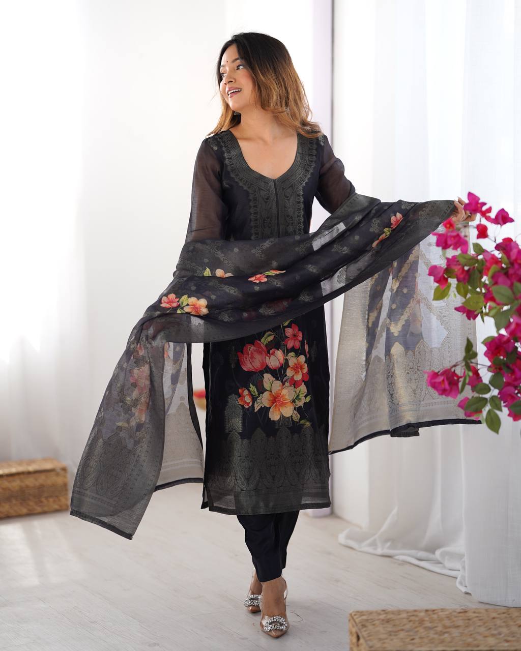Black Chanderi Silk Kurta Set For Women