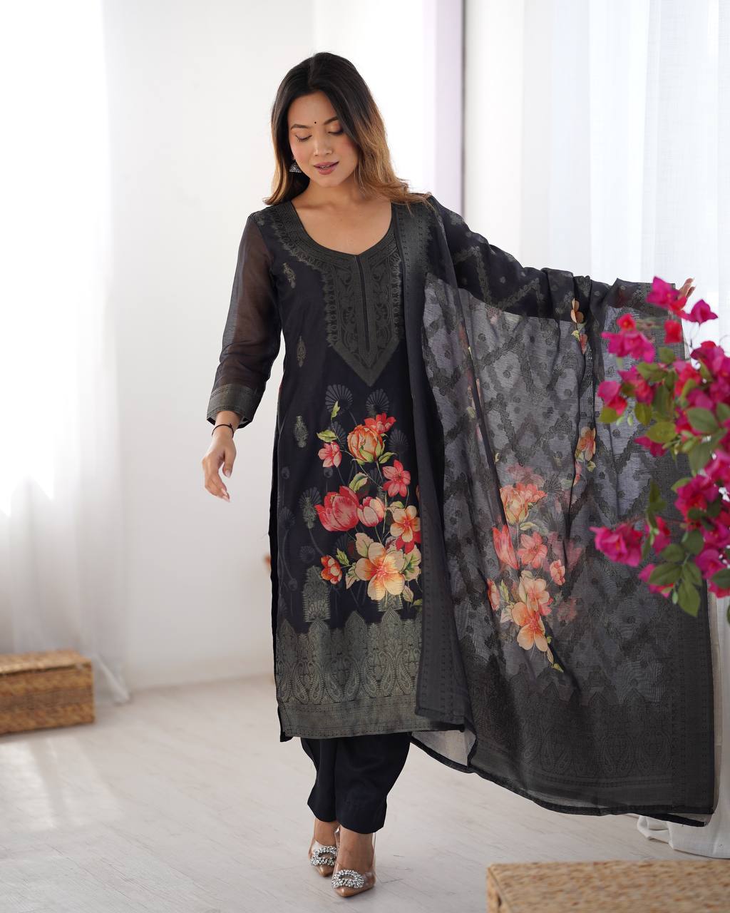 Black Chanderi Silk Kurta Set For Women