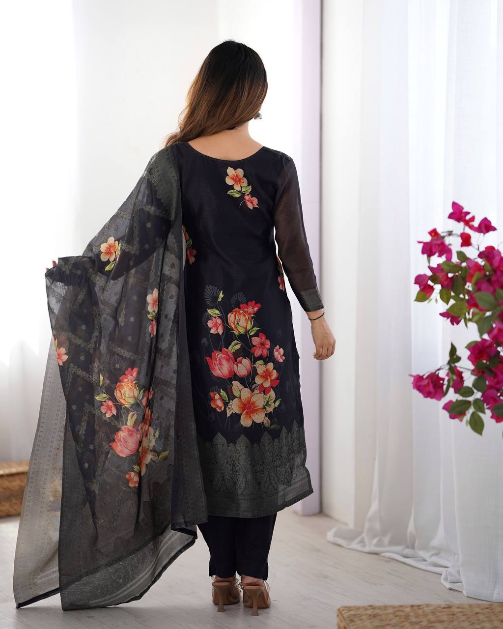 Black Chanderi Silk Kurta Set For Women