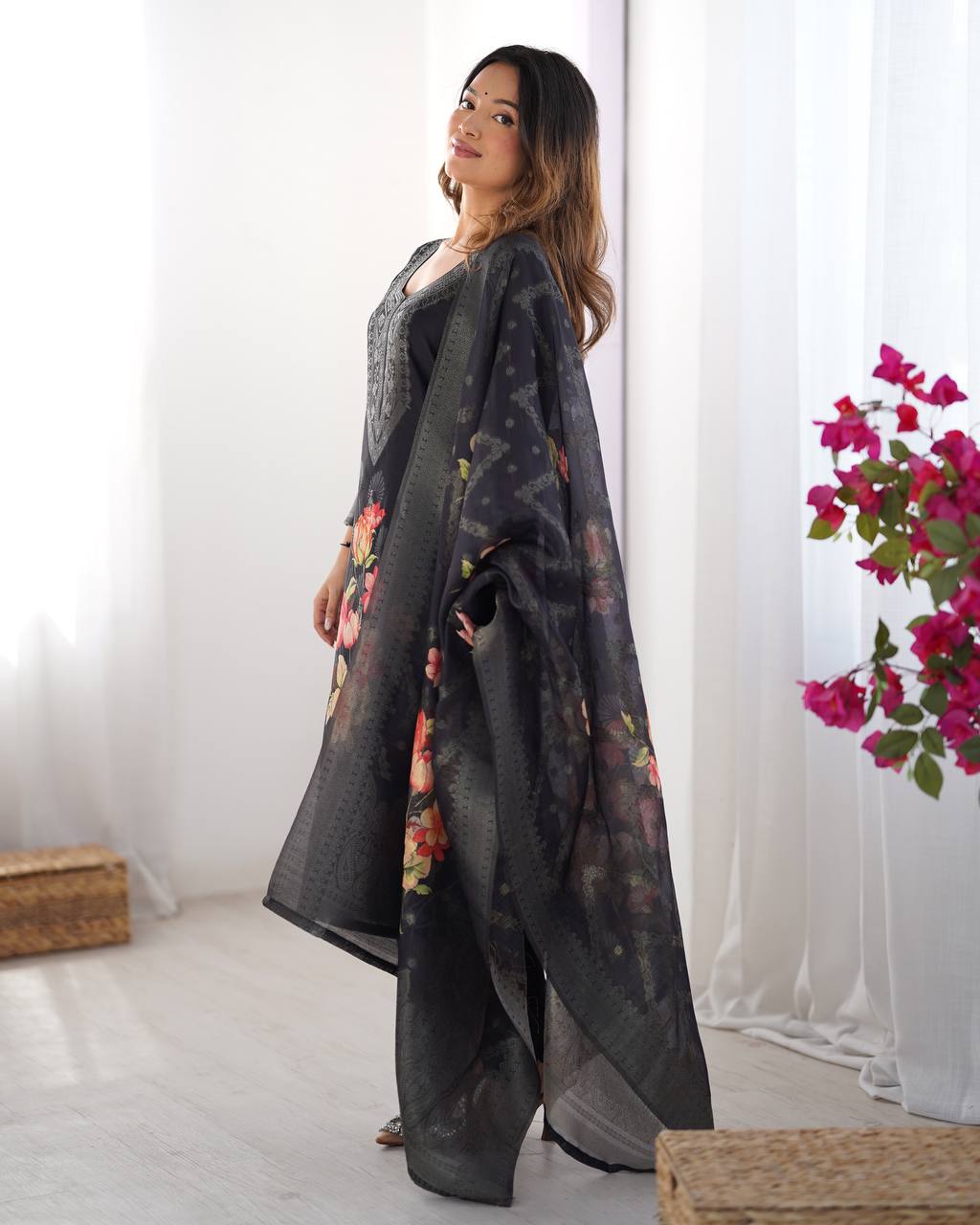 Black Chanderi Silk Kurta Set For Women