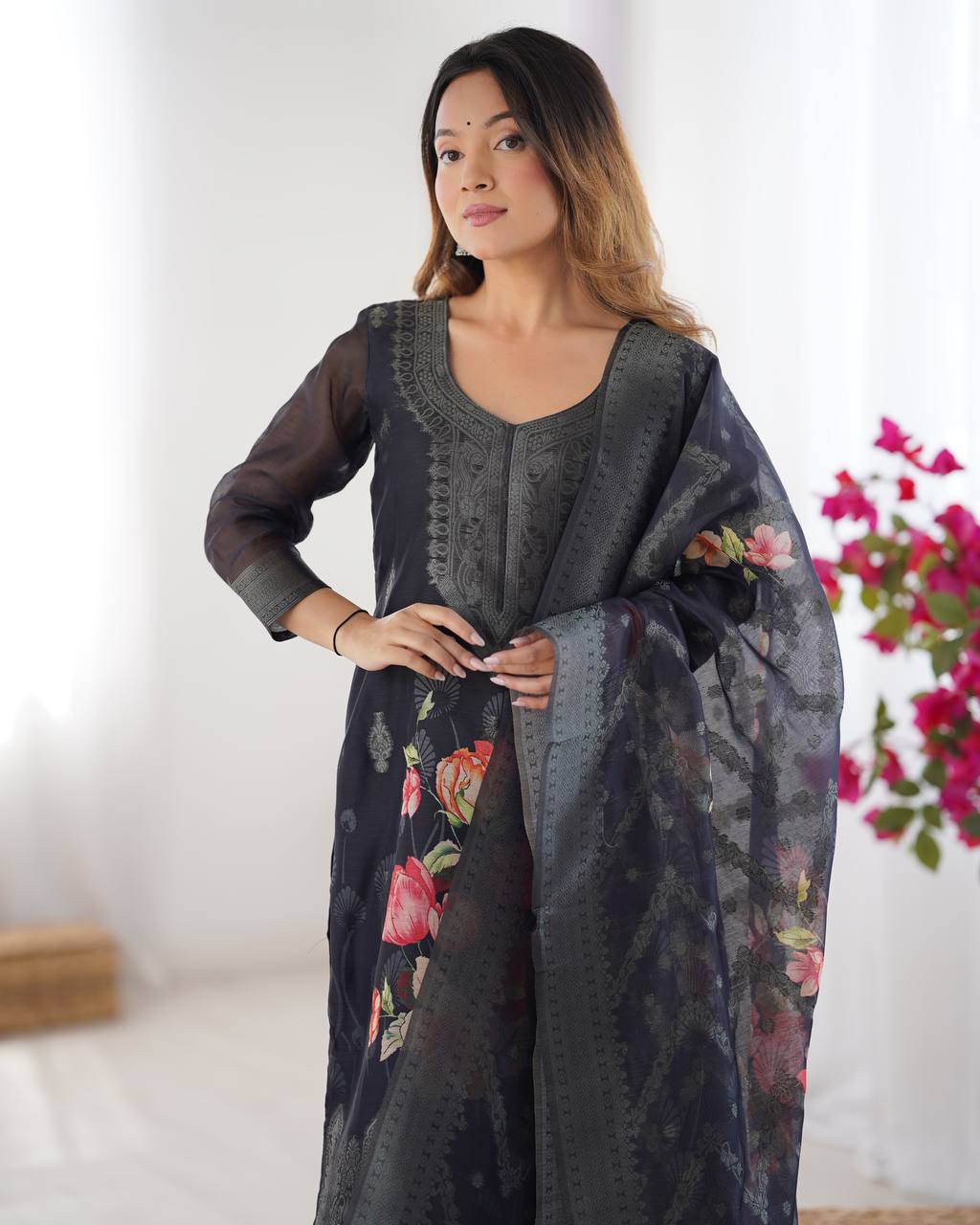 Black Chanderi Silk Kurta Set For Women