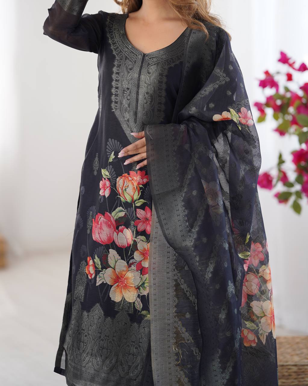 Black Chanderi Silk Kurta Set For Women