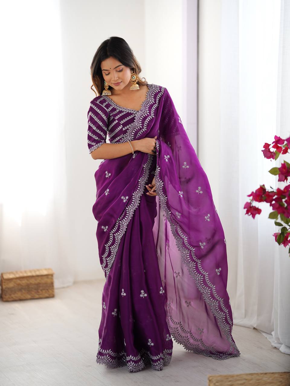 Purple Embroidered Organza Saree