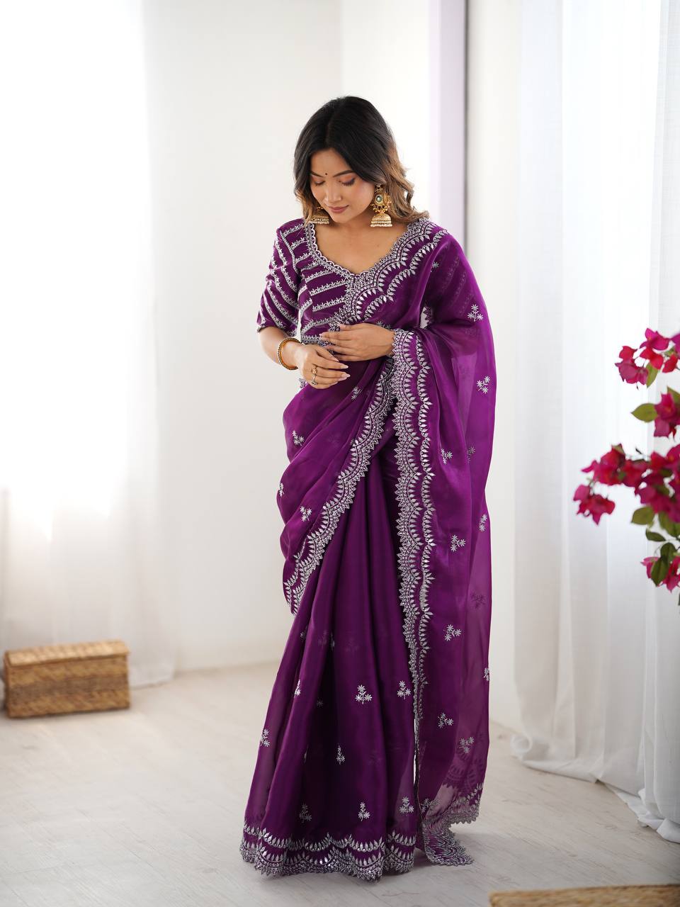 Purple Embroidered Organza Saree