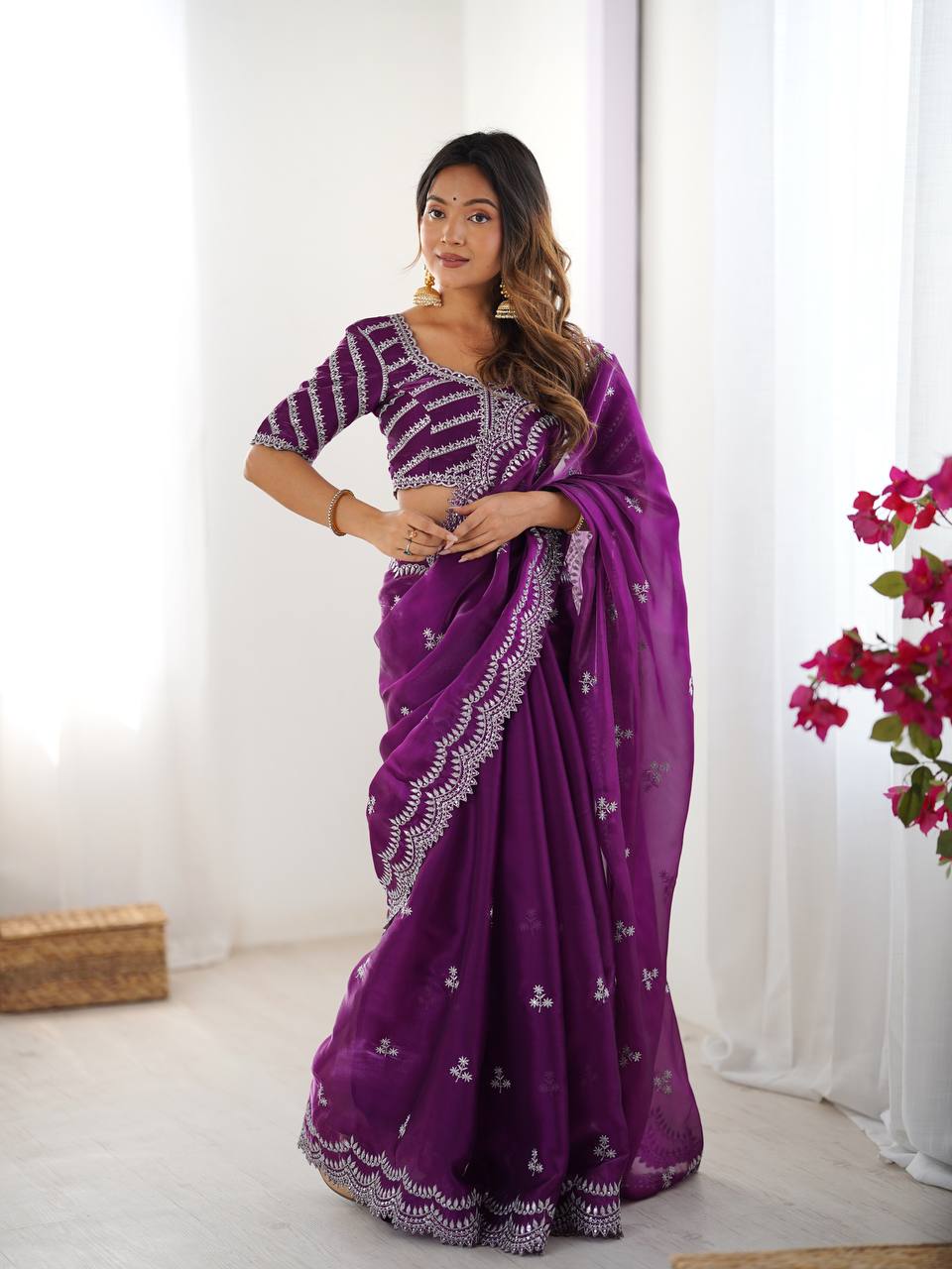 Purple Embroidered Organza Saree