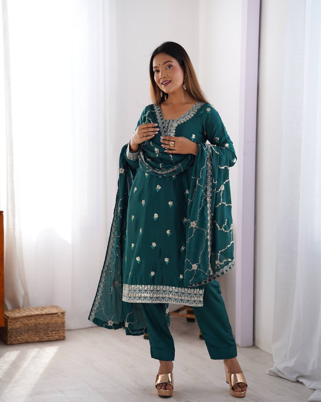 Rama Embroidered Kurta Set For Festival
