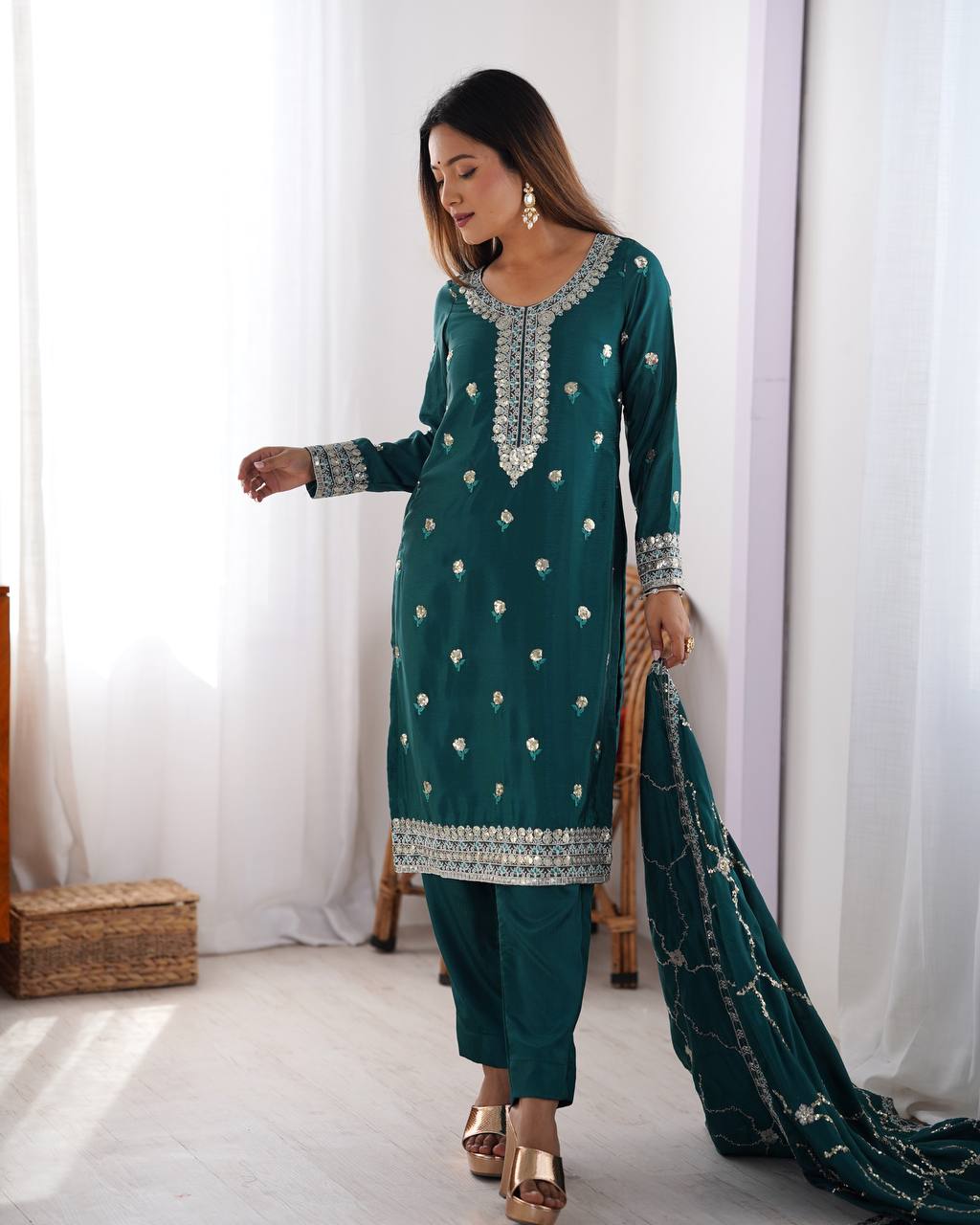Rama Embroidered Kurta Set For Festival