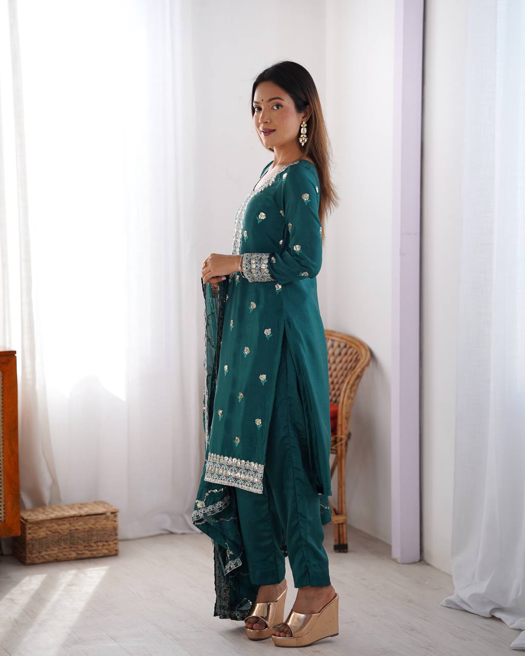Rama Embroidered Kurta Set For Festival