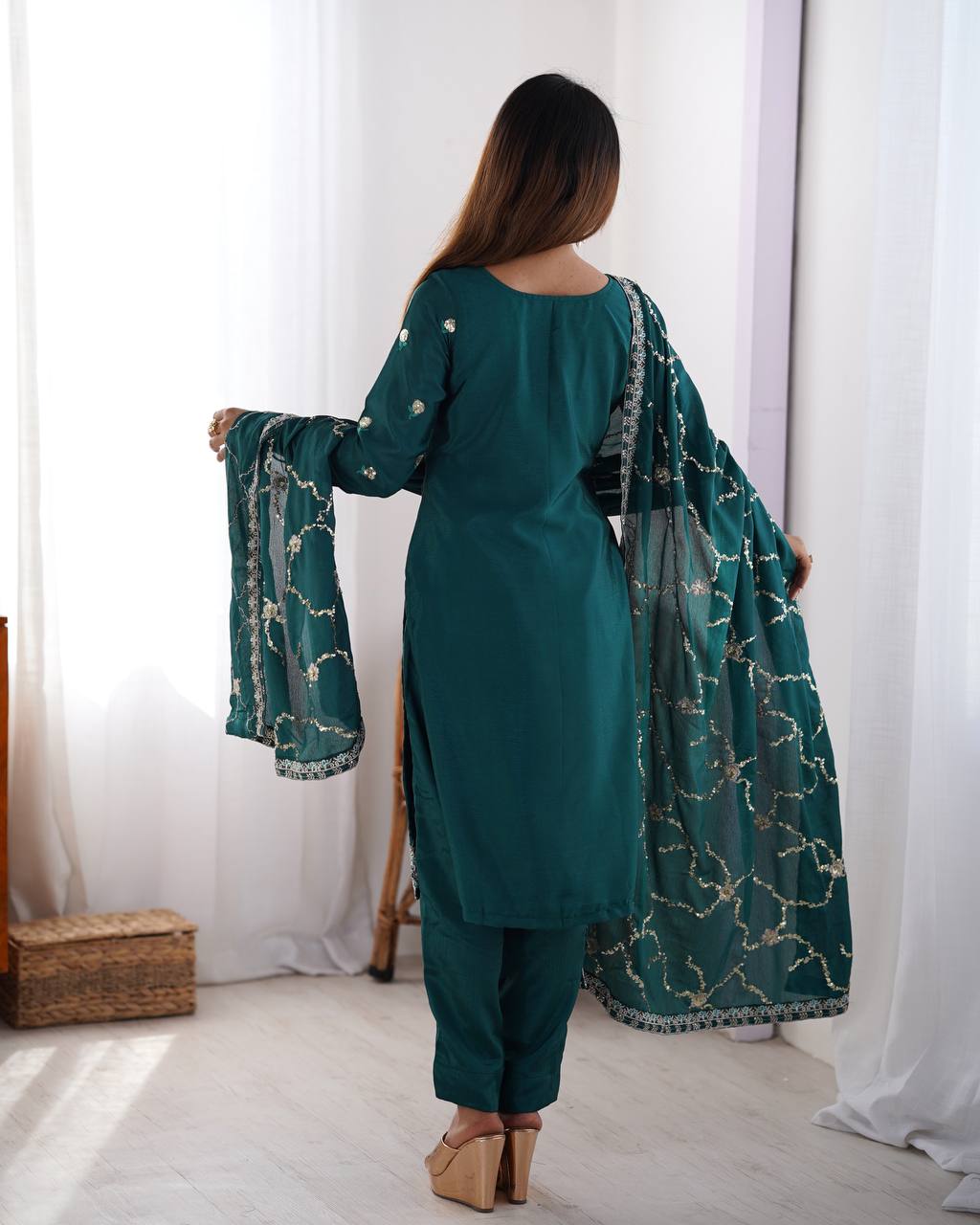 Rama Embroidered Kurta Set For Festival