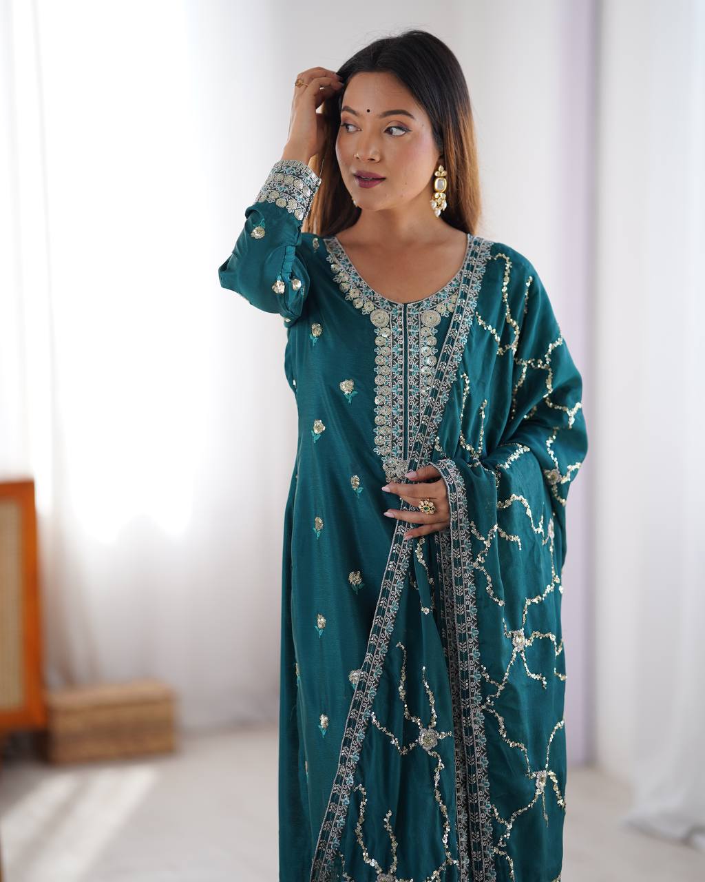 Rama Embroidered Kurta Set For Festival