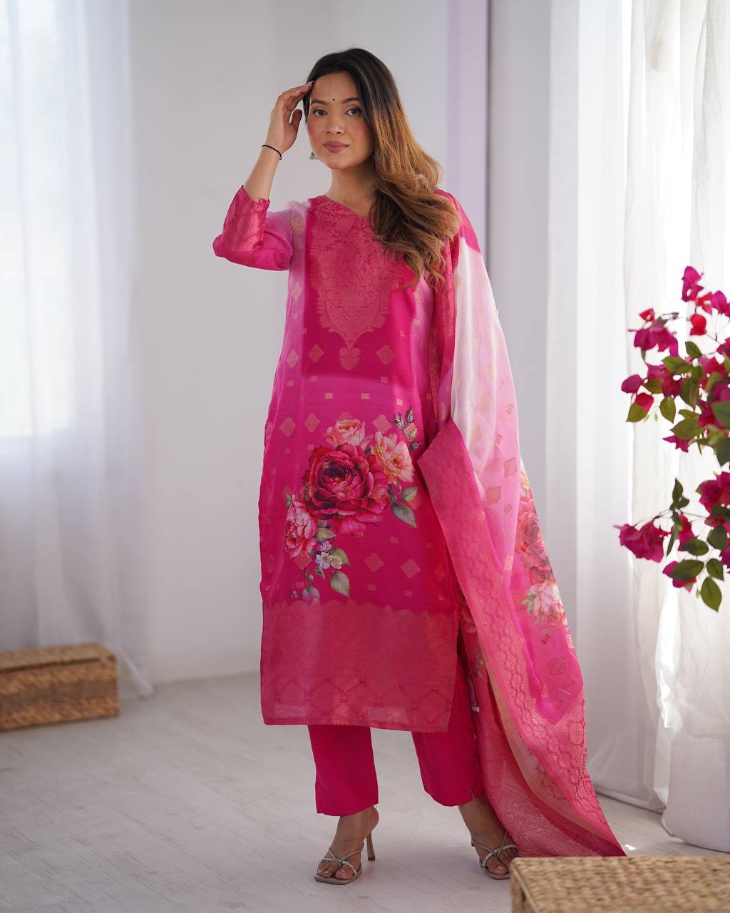 Pink Chanderi Silk Kurta Set For Women