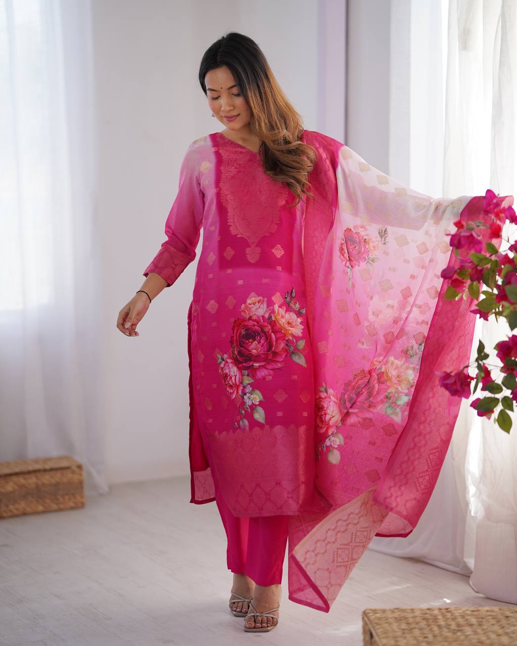 Pink Chanderi Silk Kurta Set For Women
