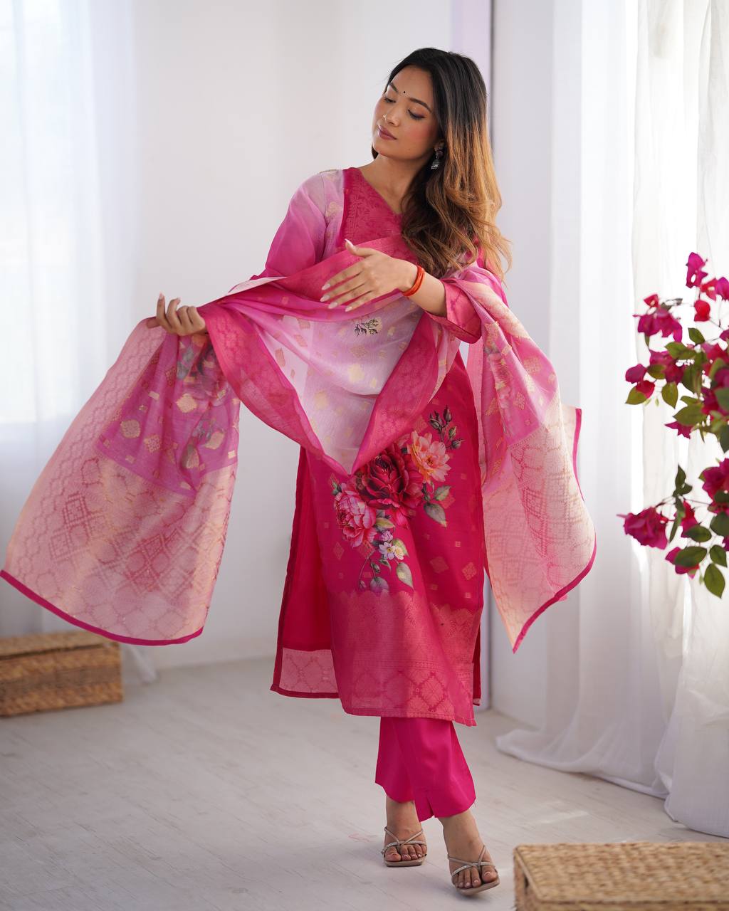 Pink Chanderi Silk Kurta Set For Women