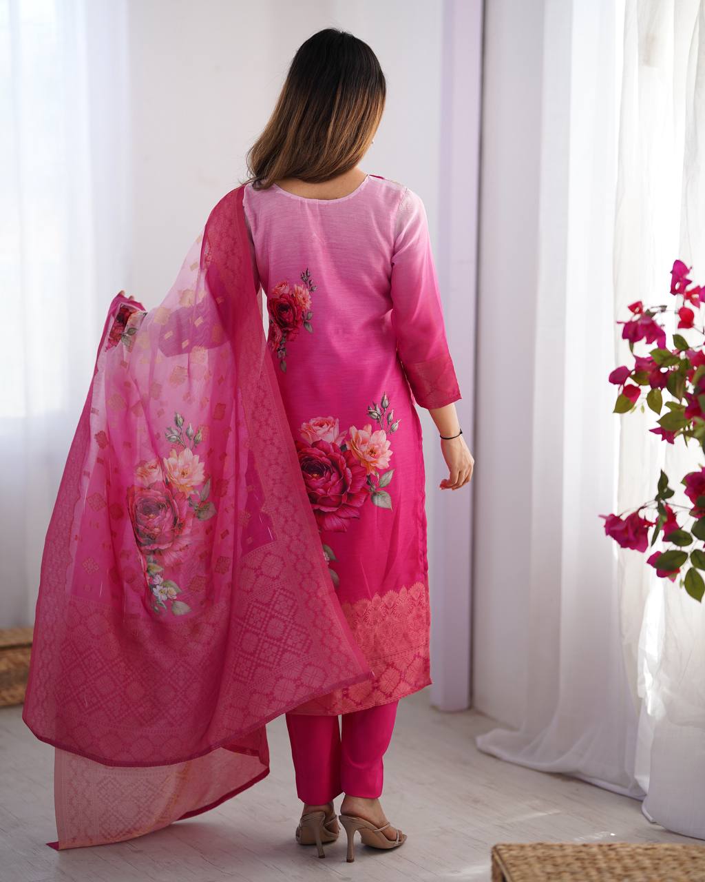 Pink Chanderi Silk Kurta Set For Women