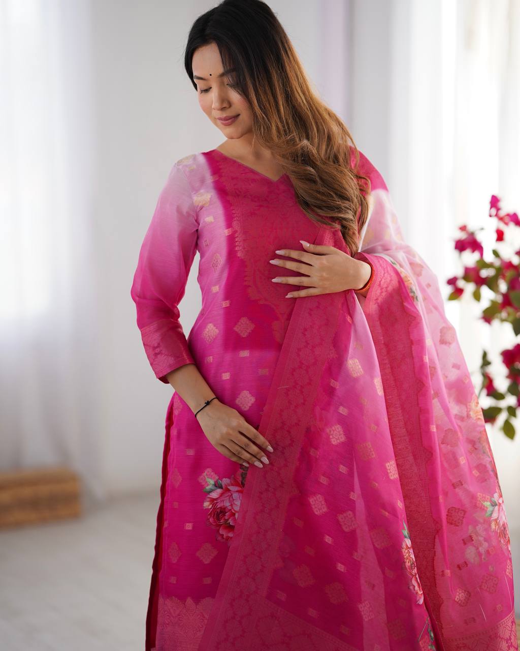 Pink Chanderi Silk Kurta Set For Women