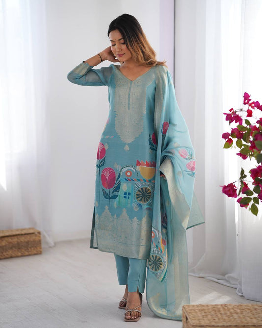 Teal Blue Chanderi Silk Kurta Set For Women