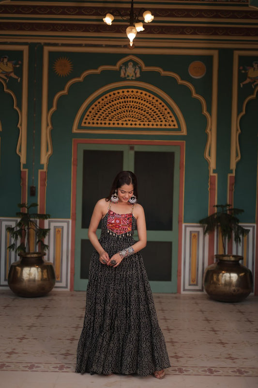 Black Georgette Bandhani Print Backless Dresses