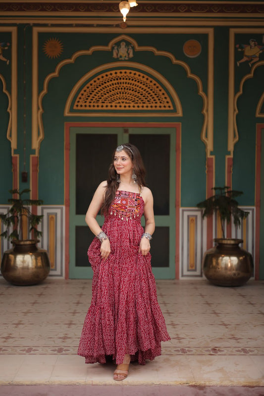 Maroon Georgette Bandhani Print Backless Dresses