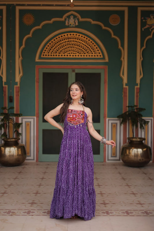 Purple Georgette Bandhani Print Backless Dresses