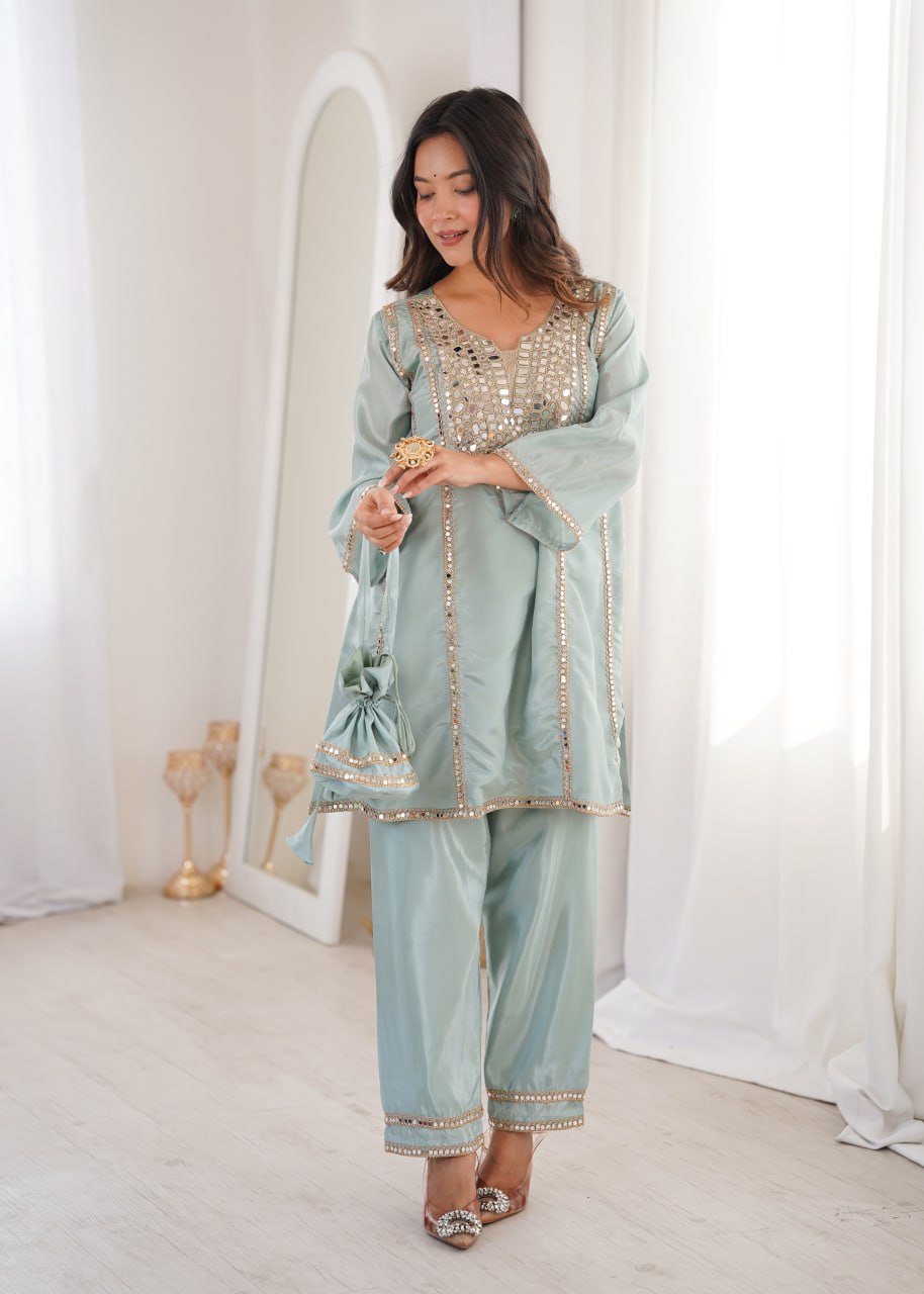 Sky Blue Real Mirror Work H O Fabric Kurti Set with Pant & Matching Batwa