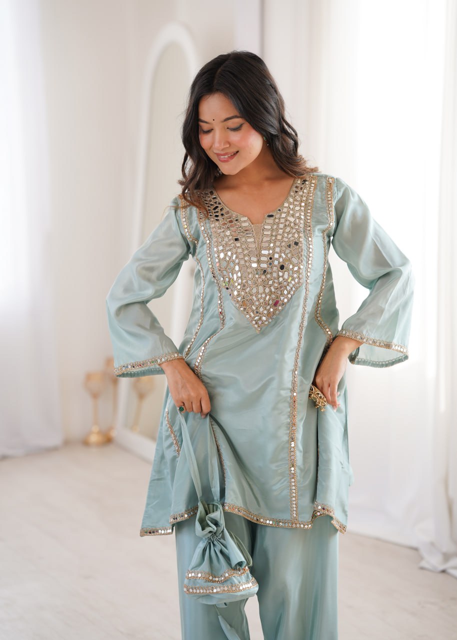 Sky Blue Real Mirror Work H O Fabric Kurti Set with Pant & Matching Batwa