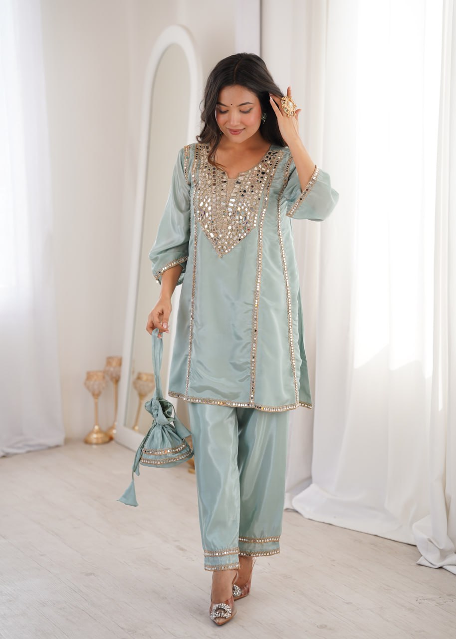 Sky Blue Real Mirror Work H O Fabric Kurti Set with Pant & Matching Batwa