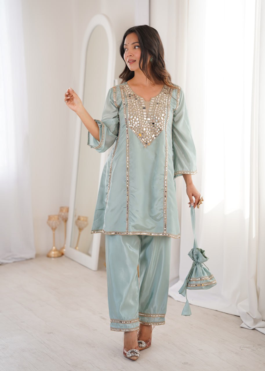Sky Blue Real Mirror Work H O Fabric Kurti Set with Pant & Matching Batwa