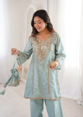 Sky Blue Real Mirror Work H O Fabric Kurti Set with Pant & Matching Batwa