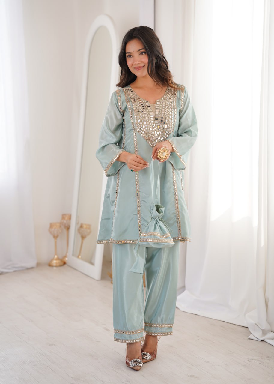 Sky Blue Real Mirror Work H O Fabric Kurti Set with Pant & Matching Batwa