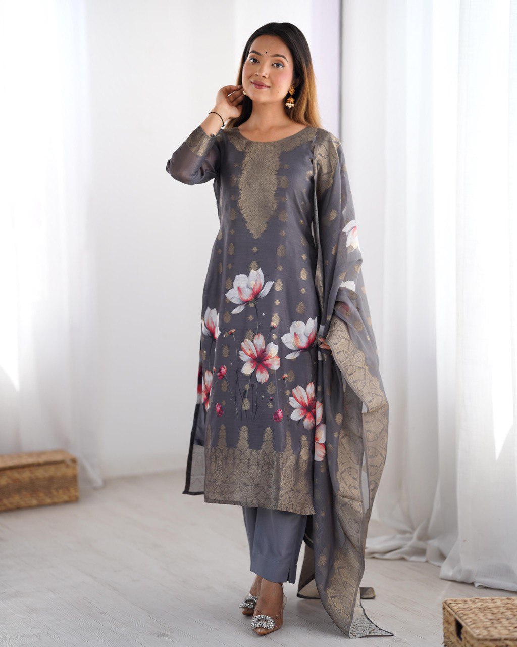 Black Chanderi Silk Kurta Set For Women